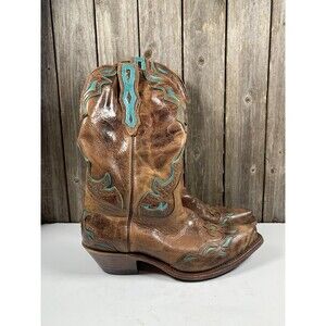 Boulet Women’s Turqueza Sz 8.5 Brown & Turquoise Leather Cowboy Boots Snip Toe